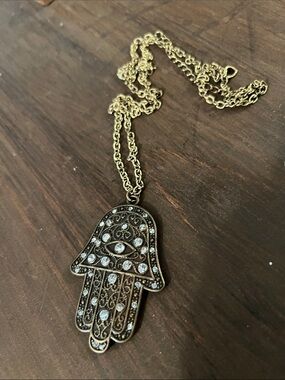 Gold-tone Hamsa Hand Pendant Necklace with Crystal Accents